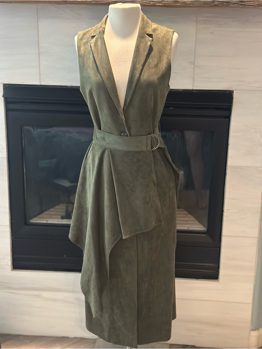 BCBGMaxAzria Olive Green Asymmetrical Faux-Suede Sleeveless Dress
